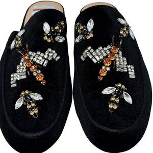 INC Black Bug Gannie 5 Velvet Rhinestone Dragonfly Bumblebee 8 Mules Flats READ